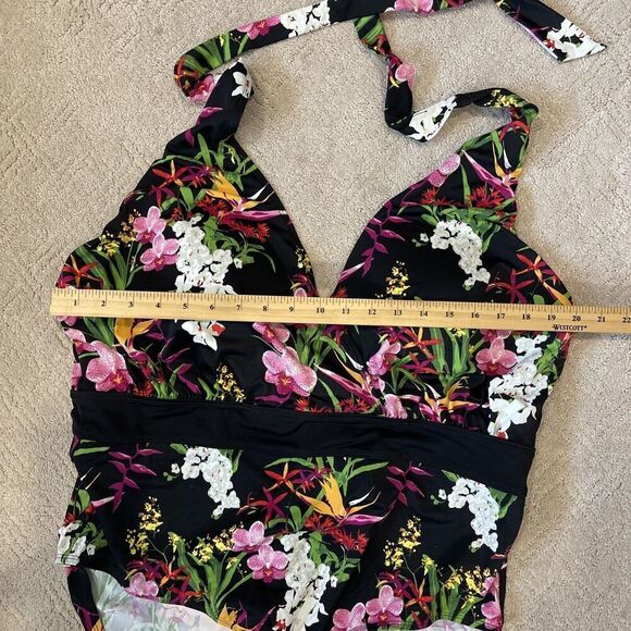 G.I.L.I. Plus Size 24W Black Floral Print One Piece Swimsuit Halter Padded NEW - Picture 4 of 11